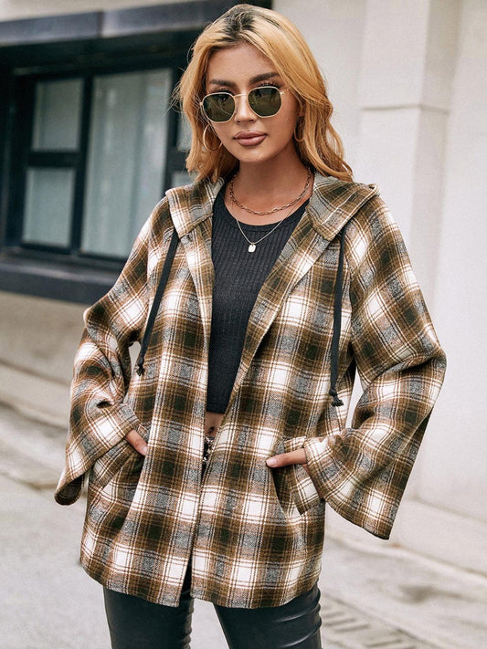 Ivy Lane Pocketed Plaid Long Sleeve Hooded Jacket Camel