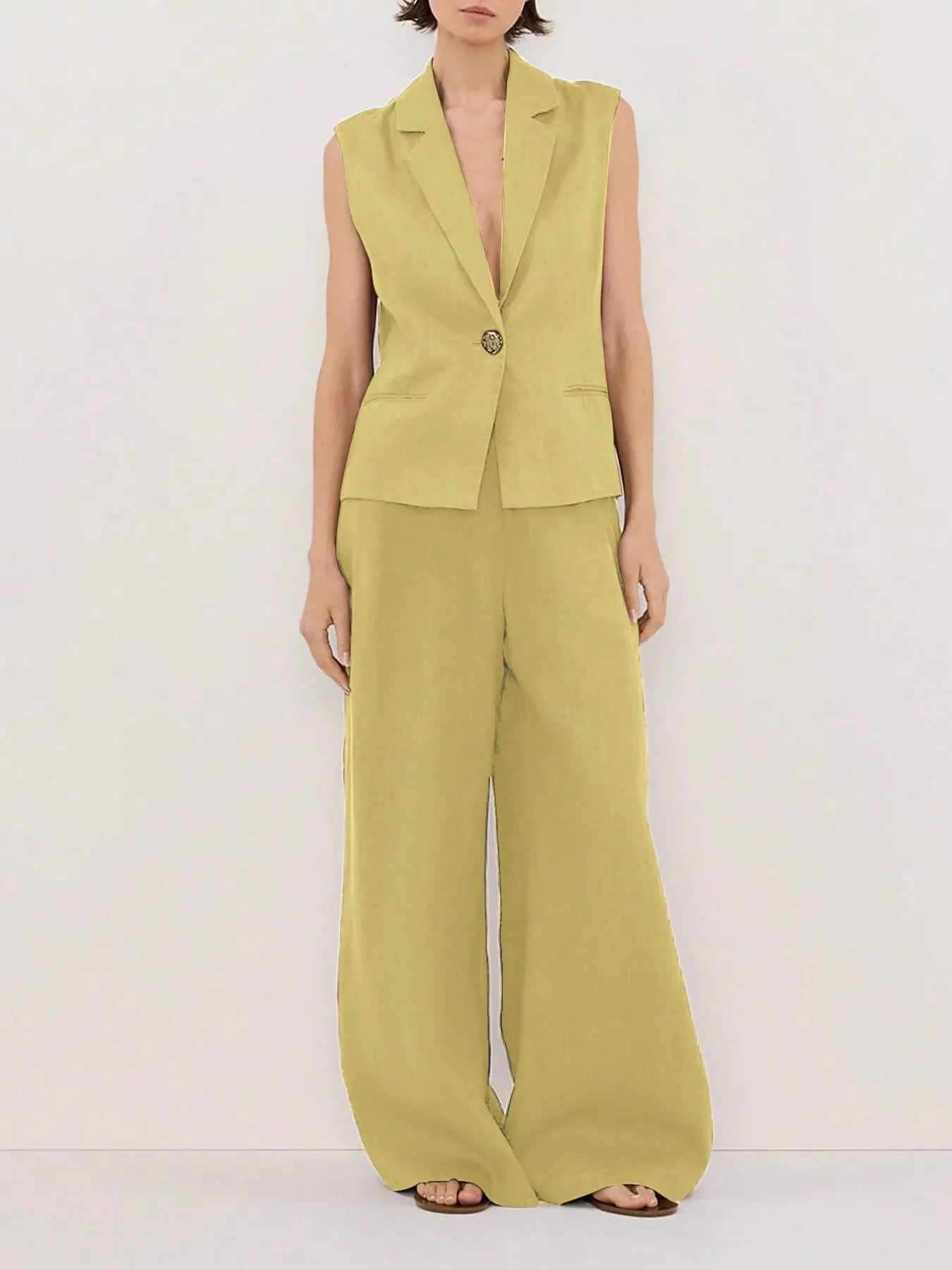 One Button Sleeveless Top and Pants Set