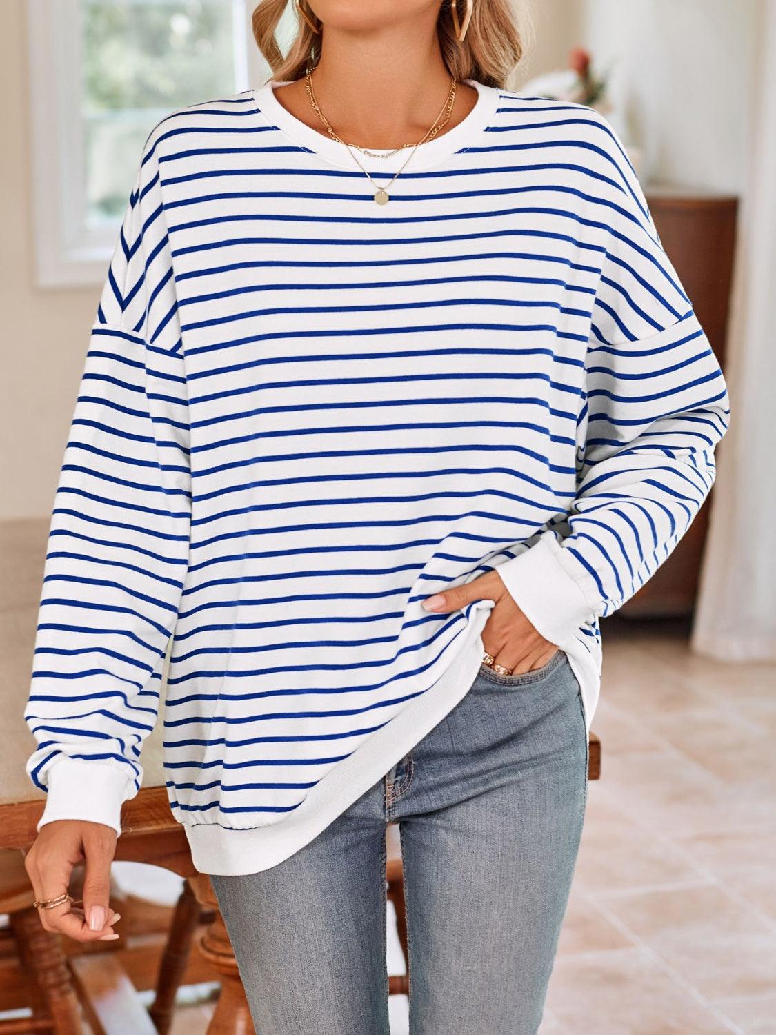 Lovelet Striped Round Neck Long Sleeve Sweatshirt Blue