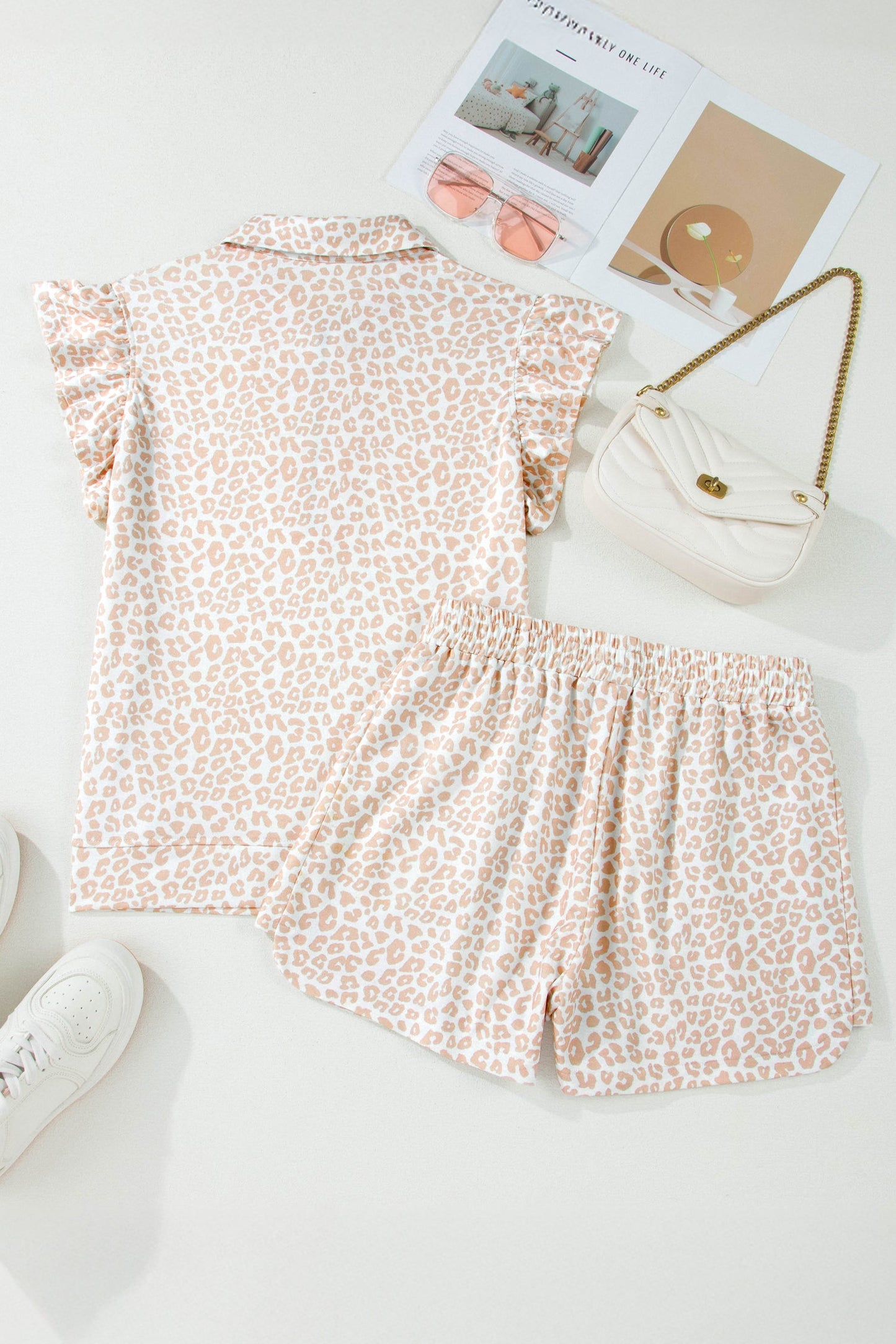 Leopard Zip Polo Top & Elastic Shorts Set
