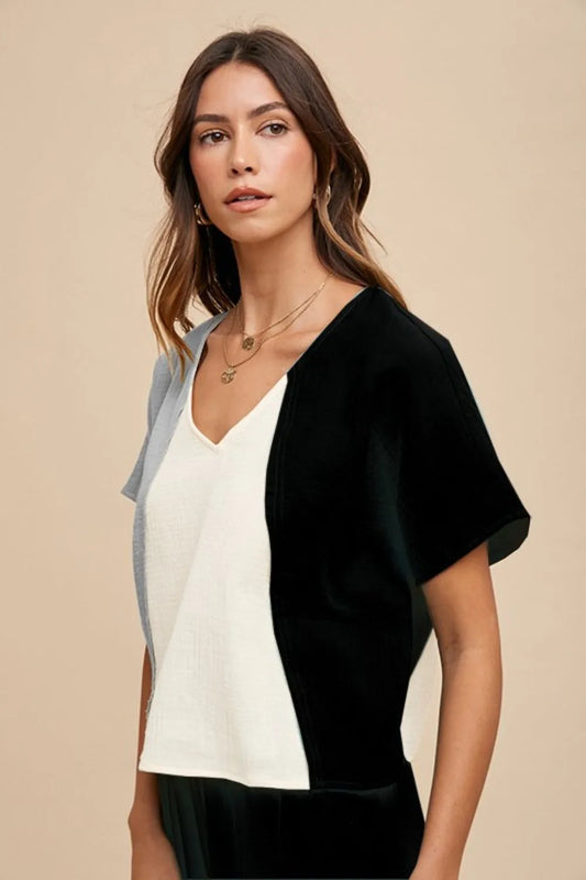 Annie Wear Color Block Cotton Gauze V-Neck Top BLACK COMBO