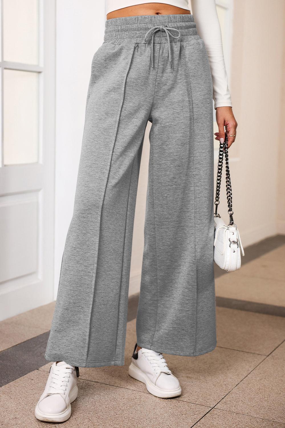 Drawstring Wide Leg Pants with Pockets Heather Gray