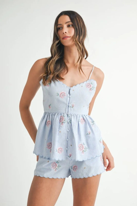 MABLE Stripe Embroidered Peplum Cami and Shorts Set Blue