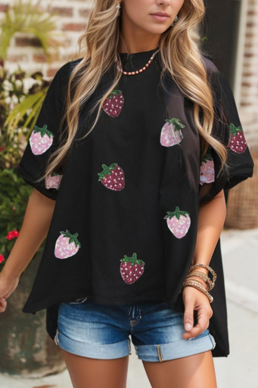 Sequin Strawberry High Low Half Sleeve Relaxed Fit T-Shirt Black