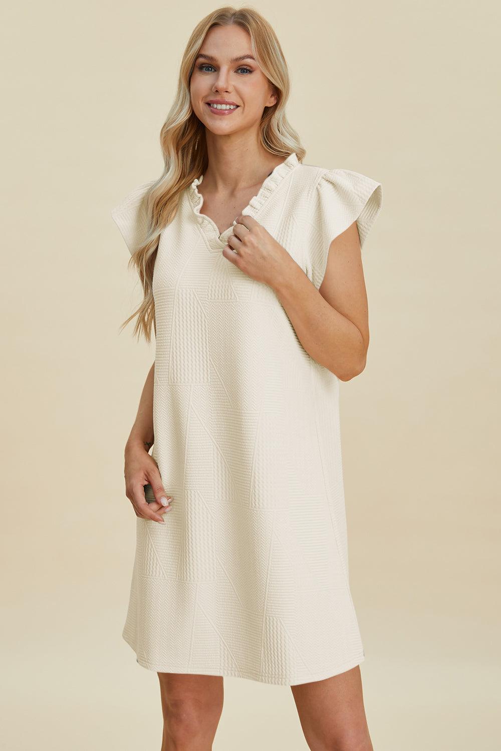 Double Take Full Size Ruffled V-Neck Cap Sleeve Dress Cream