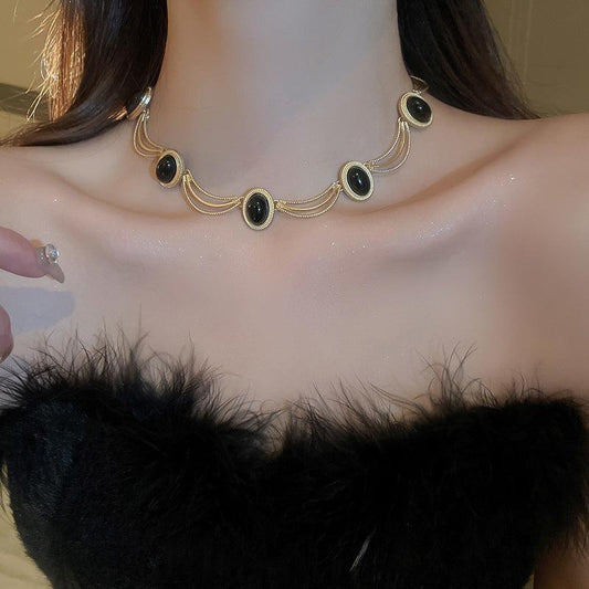 Alloy Oval Gemstone Necklace Gold One Size