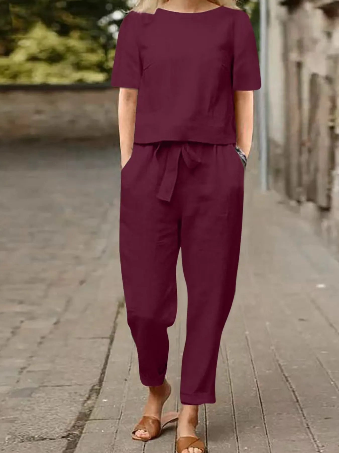 Full Size Round Neck Short Sleeve Top and Pants Set Plus Size