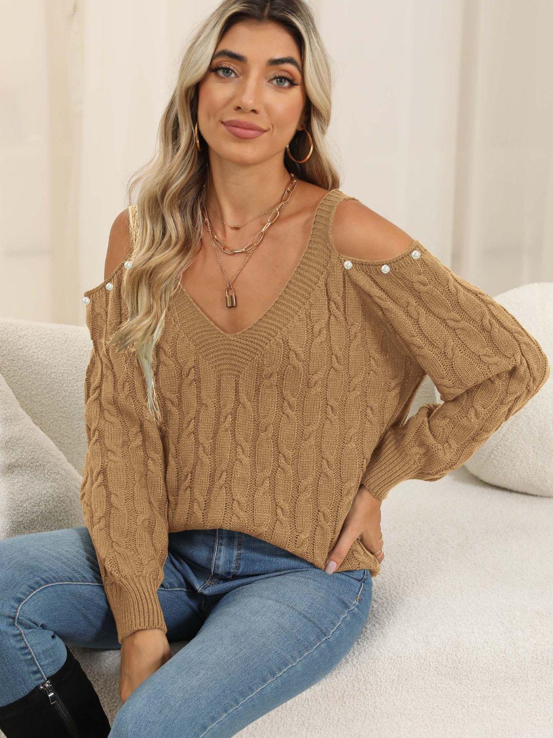 Cable-Knit Cold Shoulder Sweater Camel