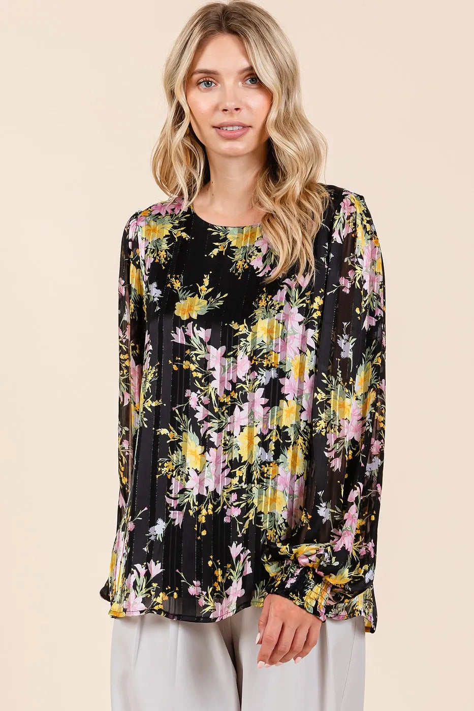 Mittoshop Satin Gold Lurex Striped Long Sleeve Chiffon Top BLACK