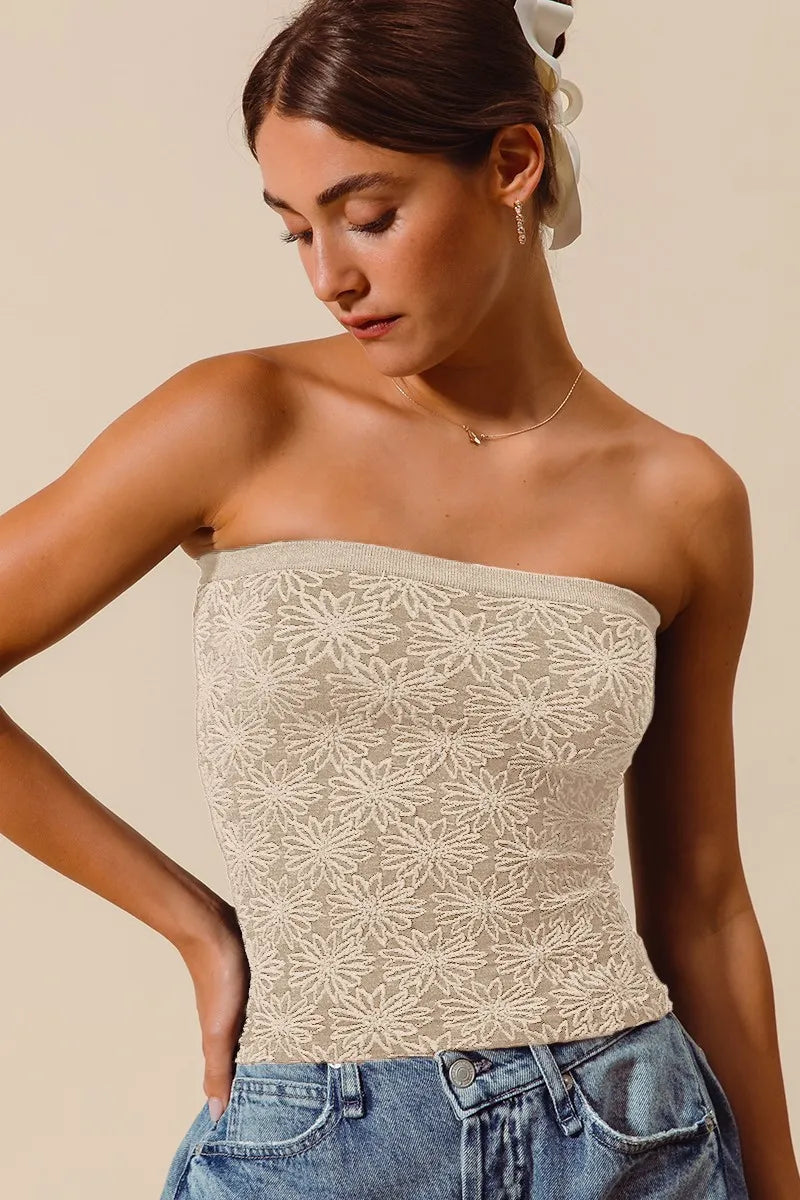 SO ME Jacquard Floral Two Tone Seamless Tube Top OATMEAL