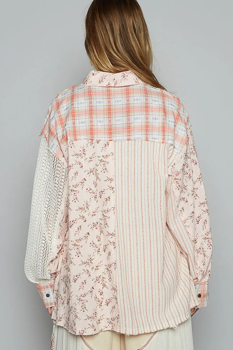POL Lace Patchwork Floral Button-Up Shirt