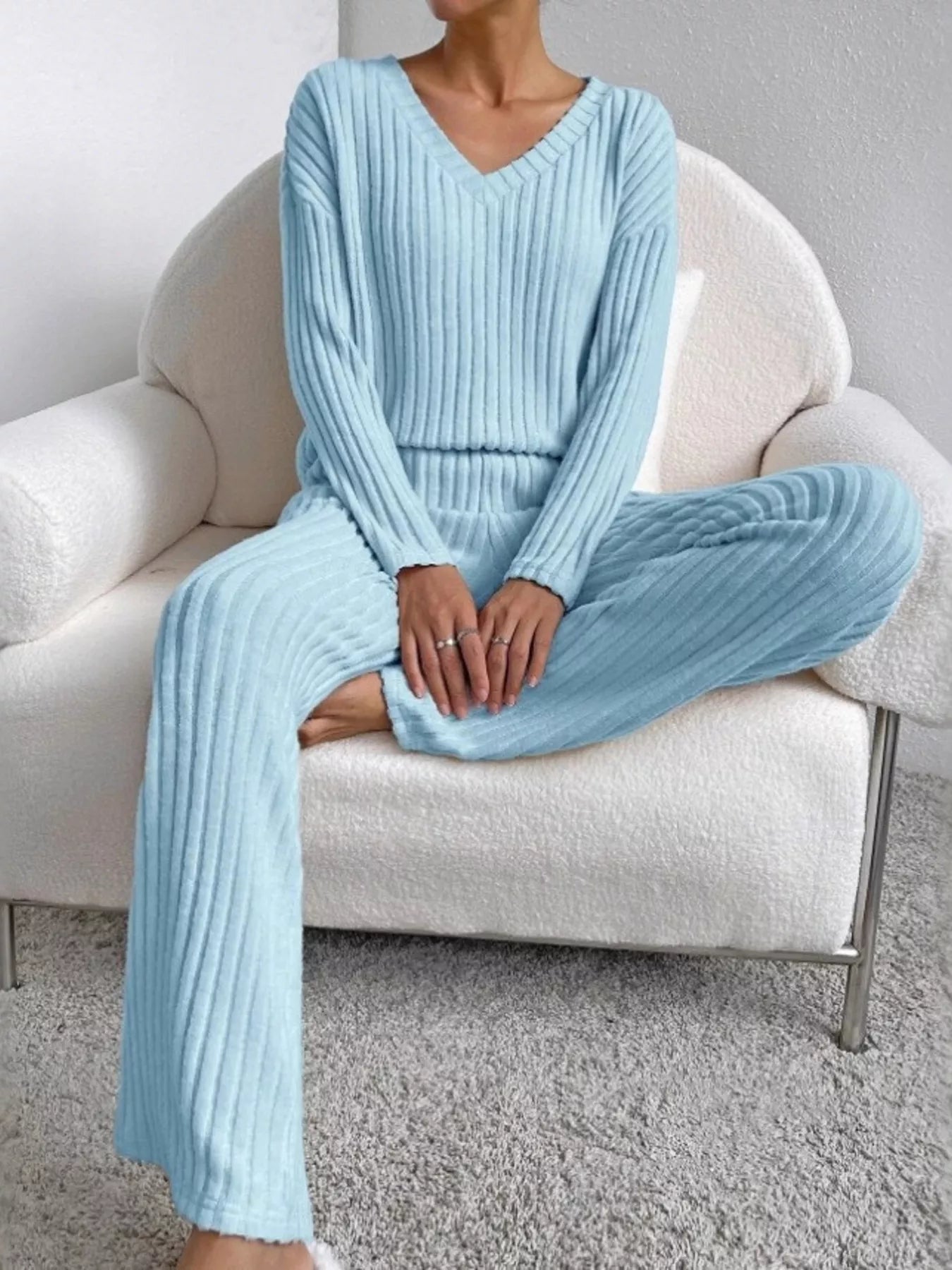 Ribbed Knit V-Neck Top and Pants Set