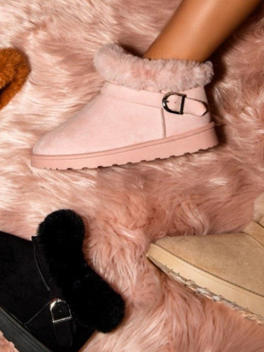 WILD DIVA Faux-Fur Buckle Round Toe Booties Light Pink