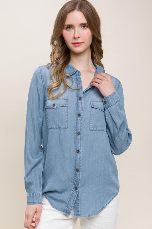Love Tree Scooped Hem Button Up Denim Shirt Blue