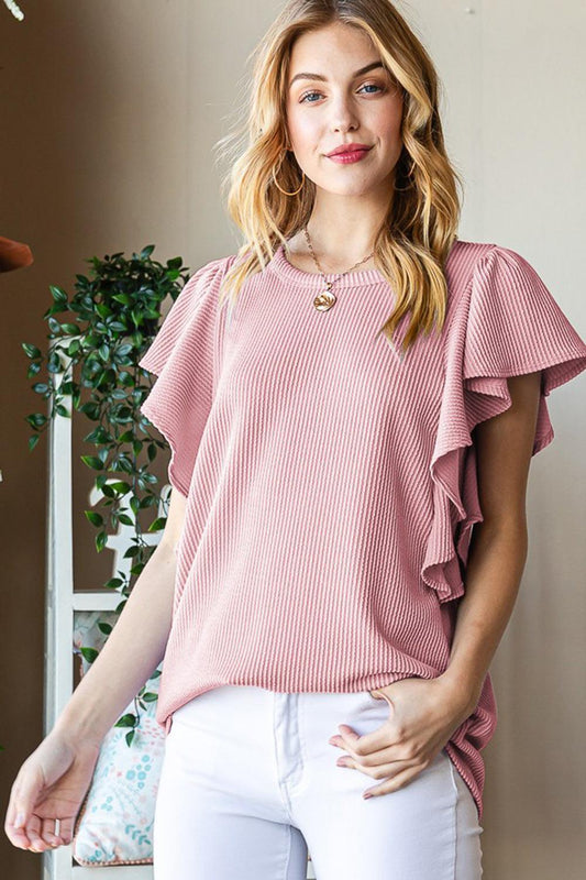 Heimish Full Size Ruffled Sleeve Ribbed Top Mauve