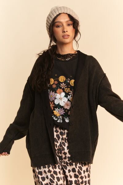 Davi & Dani Shawl Collar Ribbed Detail Button Up Cardigan Black