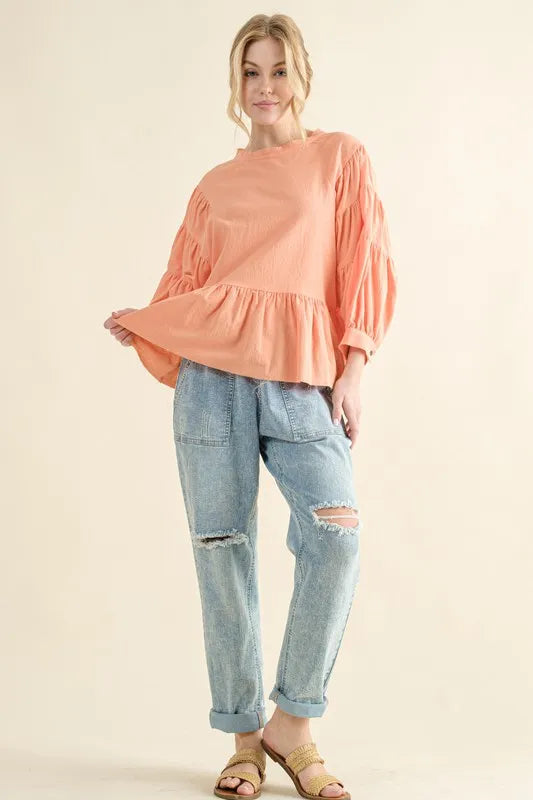 And The Why Loose Fit Tiered Raw Edge Hem Blouse PAPAYA
