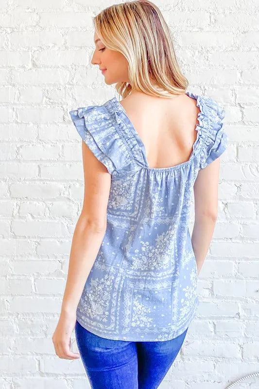 And The Why Boho Print Rayon Linen Ruffle Baby Doll Tank Top