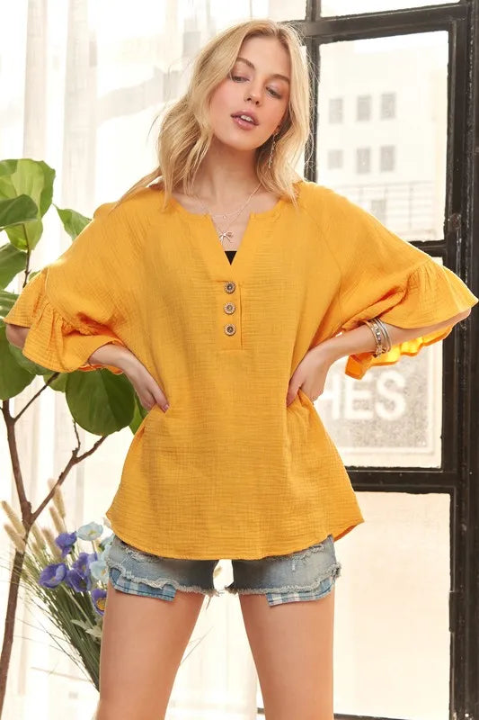 ADORA Ruffle Sleeve Crinkle Top