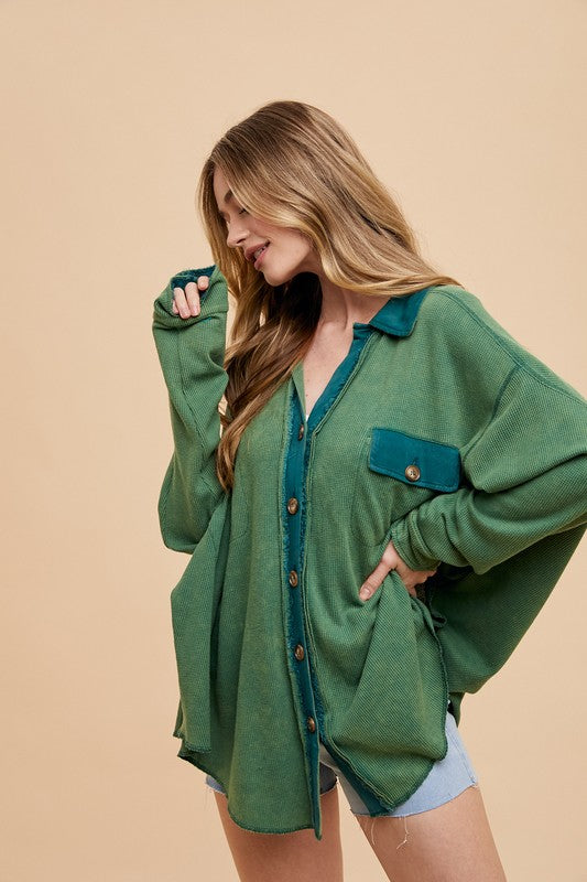 Annie Wear Waffle-Knit Mineral Washed Button Down Shirt Dark Green