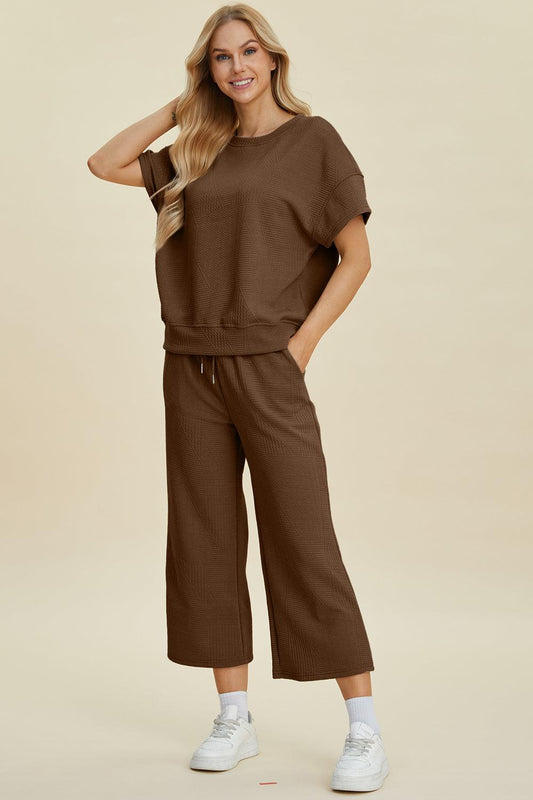 Double Take Full Size Texture Round Neck Top and Pants Set Brown