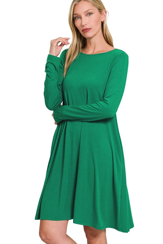 Zenana Long Sleeve Flare Dress With Pockets FOREST