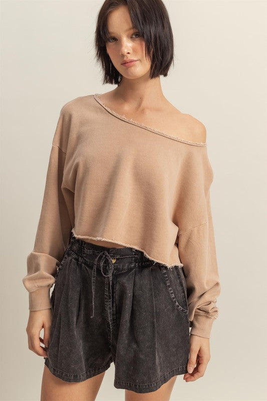 HYFVE Frayed Detail Boat Neck Long Sleeve Crop Top Tan
