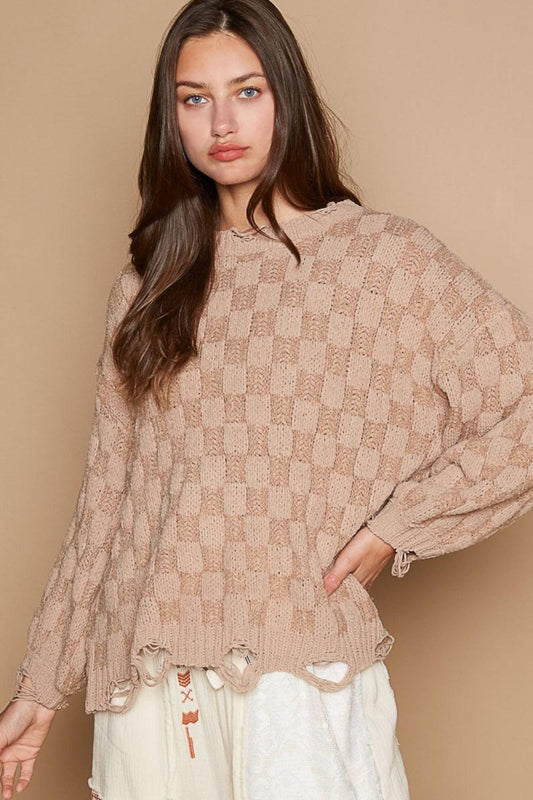 POL Checkered Distressed Edge Sweater Mocha Beige