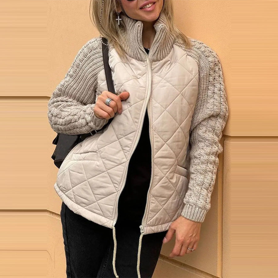 Winter Stand Collar Cotton Jacket With Pockets Fashion Knitted Stitching Zipper Coat Warm Tops For Women Clothing