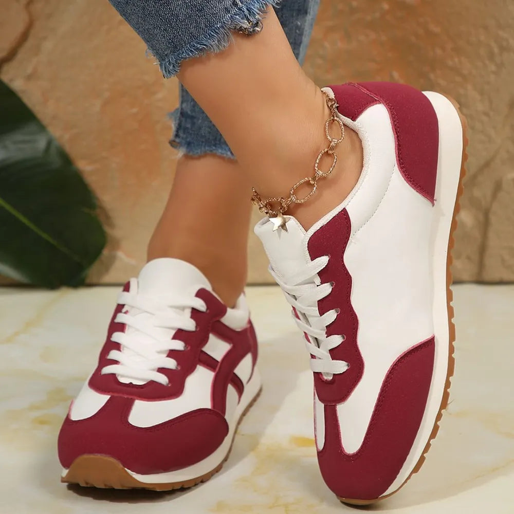 Contrast Lace Up Round Toe Sneakers Burgundy