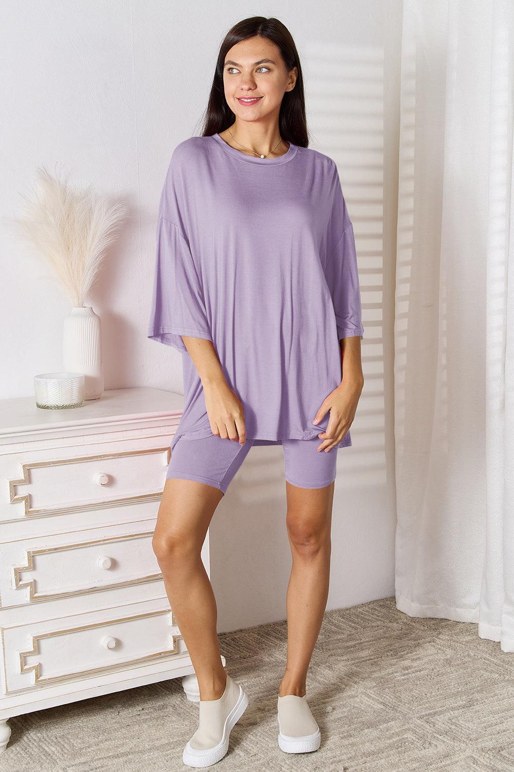 Basic Bae Full Size Soft Rayon Three-Quarter Sleeve Top and Shorts Set Lavender M