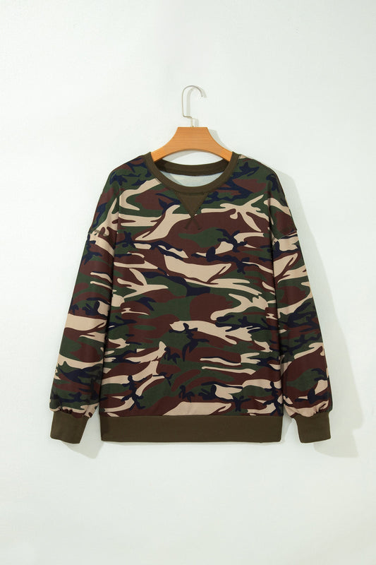 Camo Baggy Round Neck Long Sleeve Pullover Sweatshirt