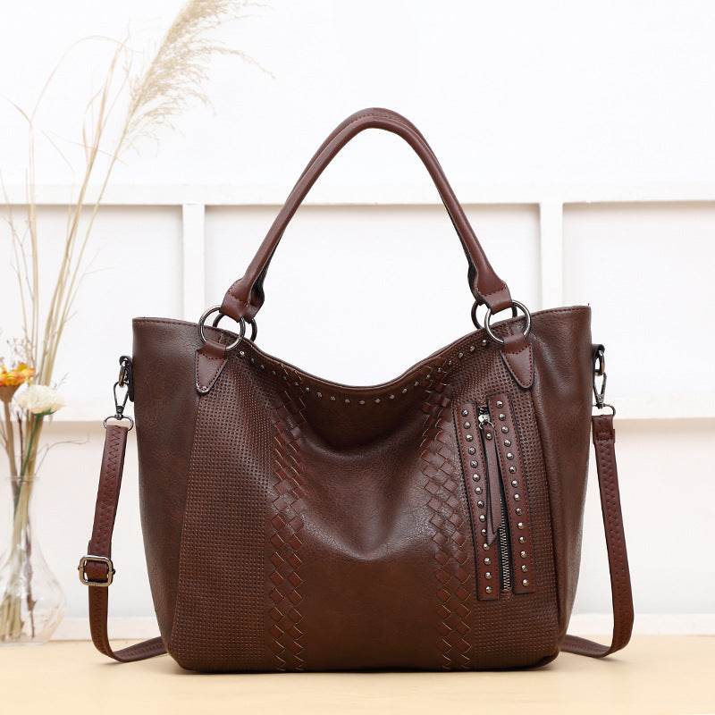 Ladies Trend One Shoulder Crossbody Tote Bag - PU Large Rivet Horizontal Square Bag