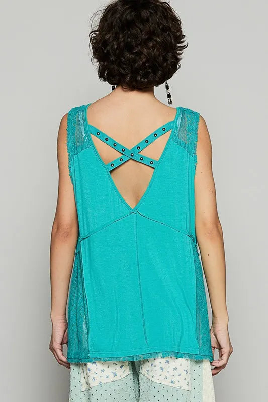 POL Lace Detail Studded Crisscross Back V-Neck Sleeveless Top