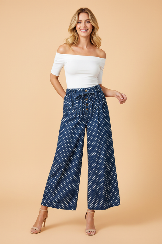 Polka Dot Button Up Pleated Wide Leg Jeans
