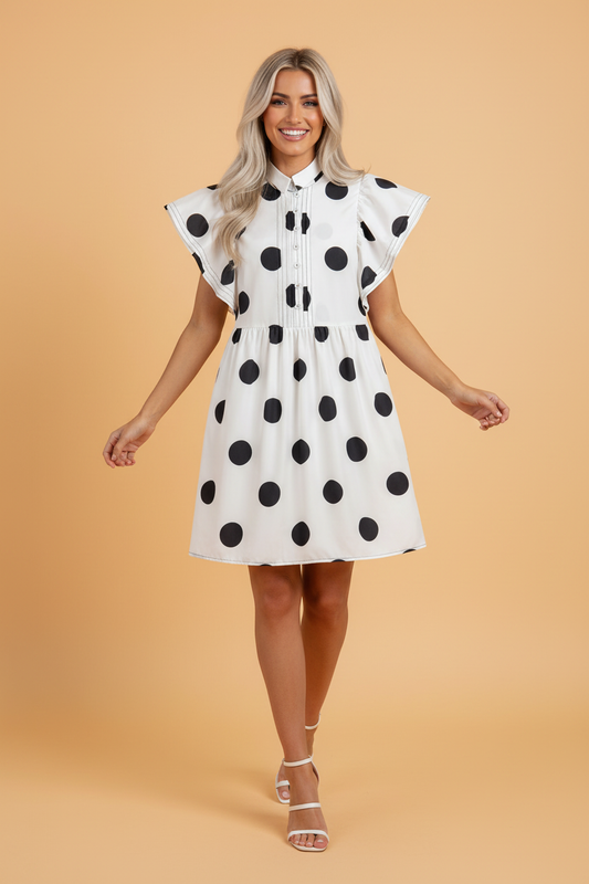 Polka Dot Half Button Ruffle Sleeve Mini Dress