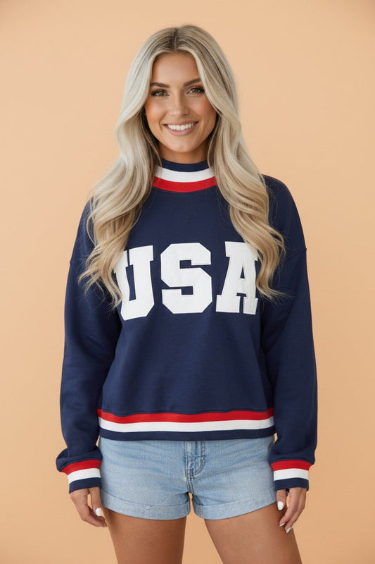 USA Slogan Patch Embroidery Colorblock High Neck Sweatshirt