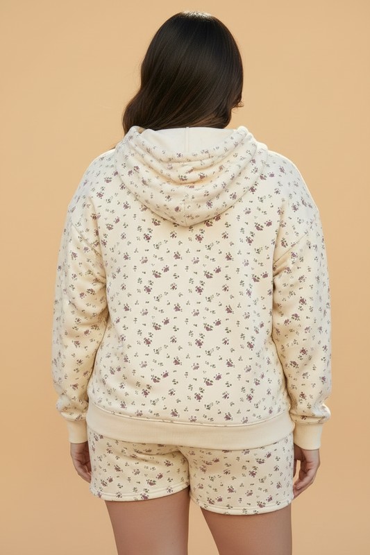 Plus Size Floral Kangaroo Pocket Hoodie Top & Shorts Set