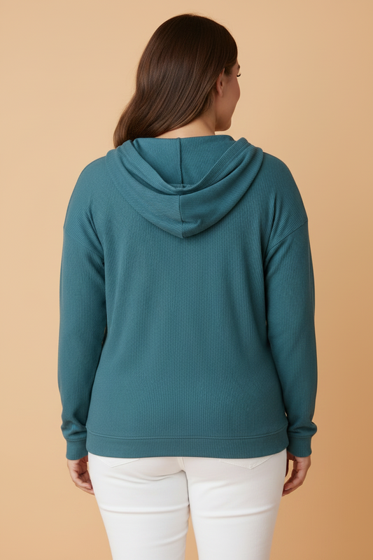 Plus Size Ribbed Drop Shoulder Long Sleeve Hooded Sweatshirt