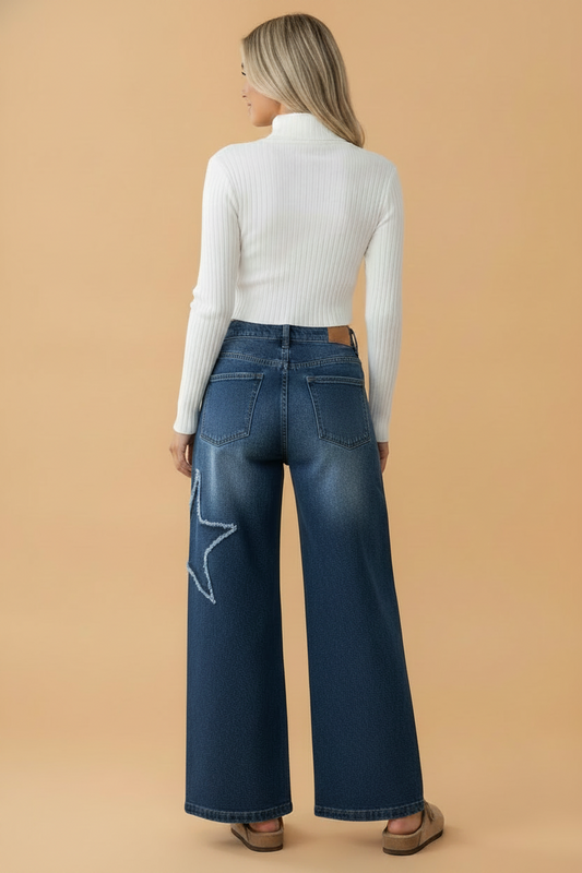 Star Patchwork Distressed Denim Wide Leg Jeans