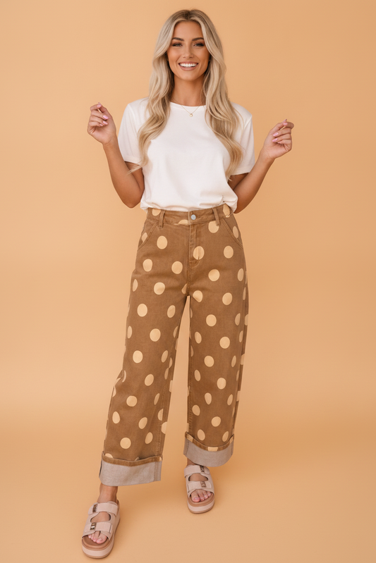 Polka Dot Denim Folded Hem High Waist Jeans