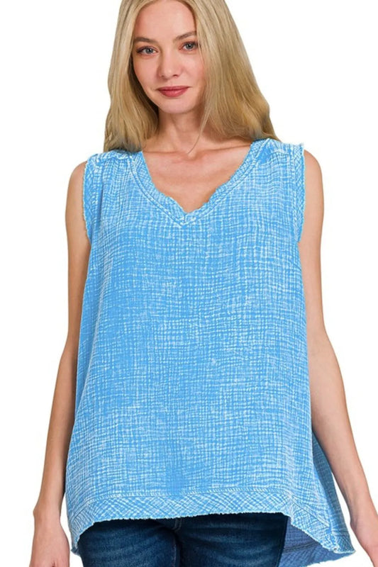 Zenana Double Gauze Raw Edge Acid Washed Tank DEEP SKY