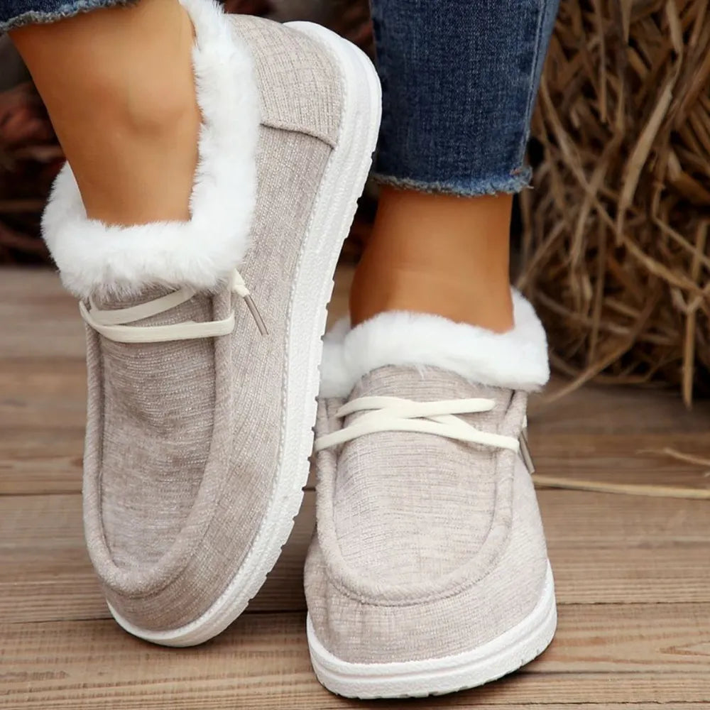 Lace Up Round Toe Furry Sneakers Light Gray