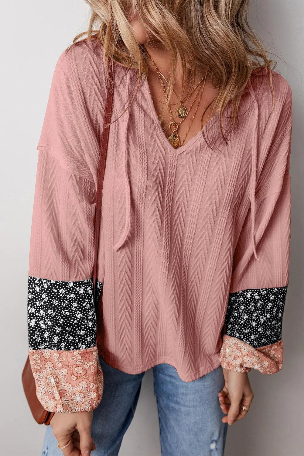 Color Block Tie Neck Long Sleeve Top Dusty Pink