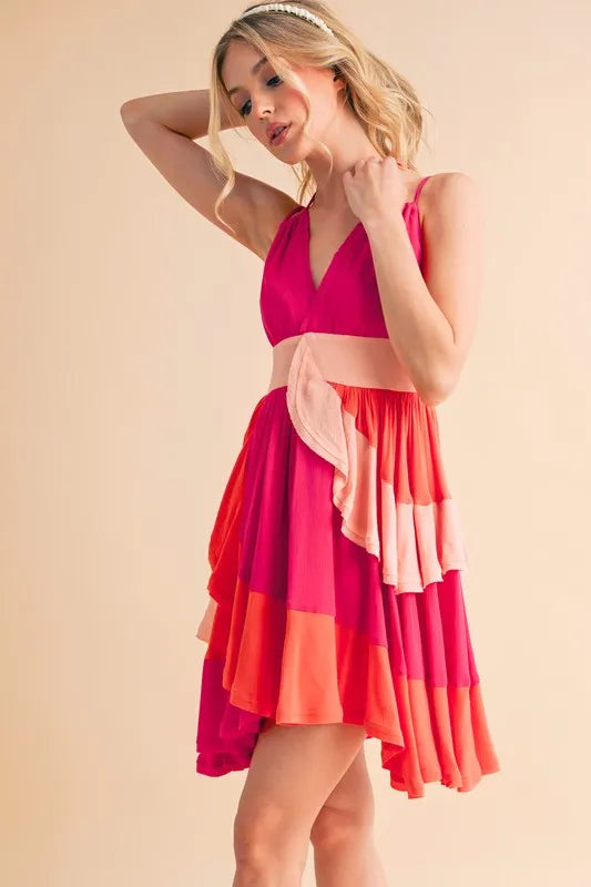 Aemi+Co Ruffled Color Block Sleeveless Mini Dress