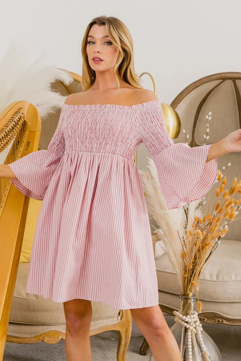 BiBi Smocked Off Shoulder Striped Dress BLUSH