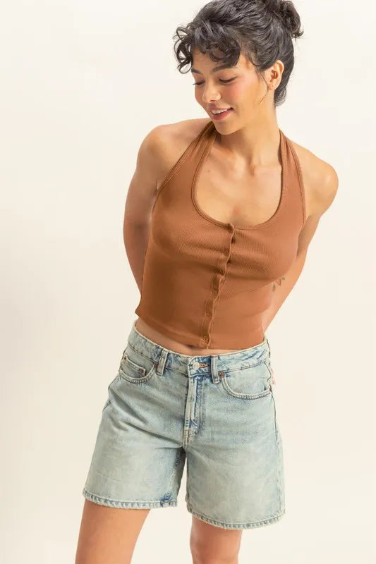 HYFVE Halter Neck Buttoned Washed Top CHESTNUT
