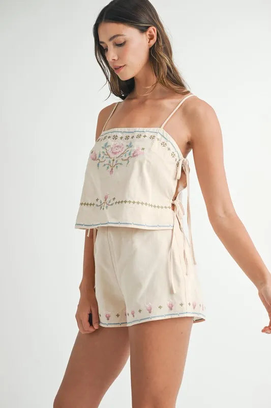 MABLE Embroidered Crop Top and Shorts Set