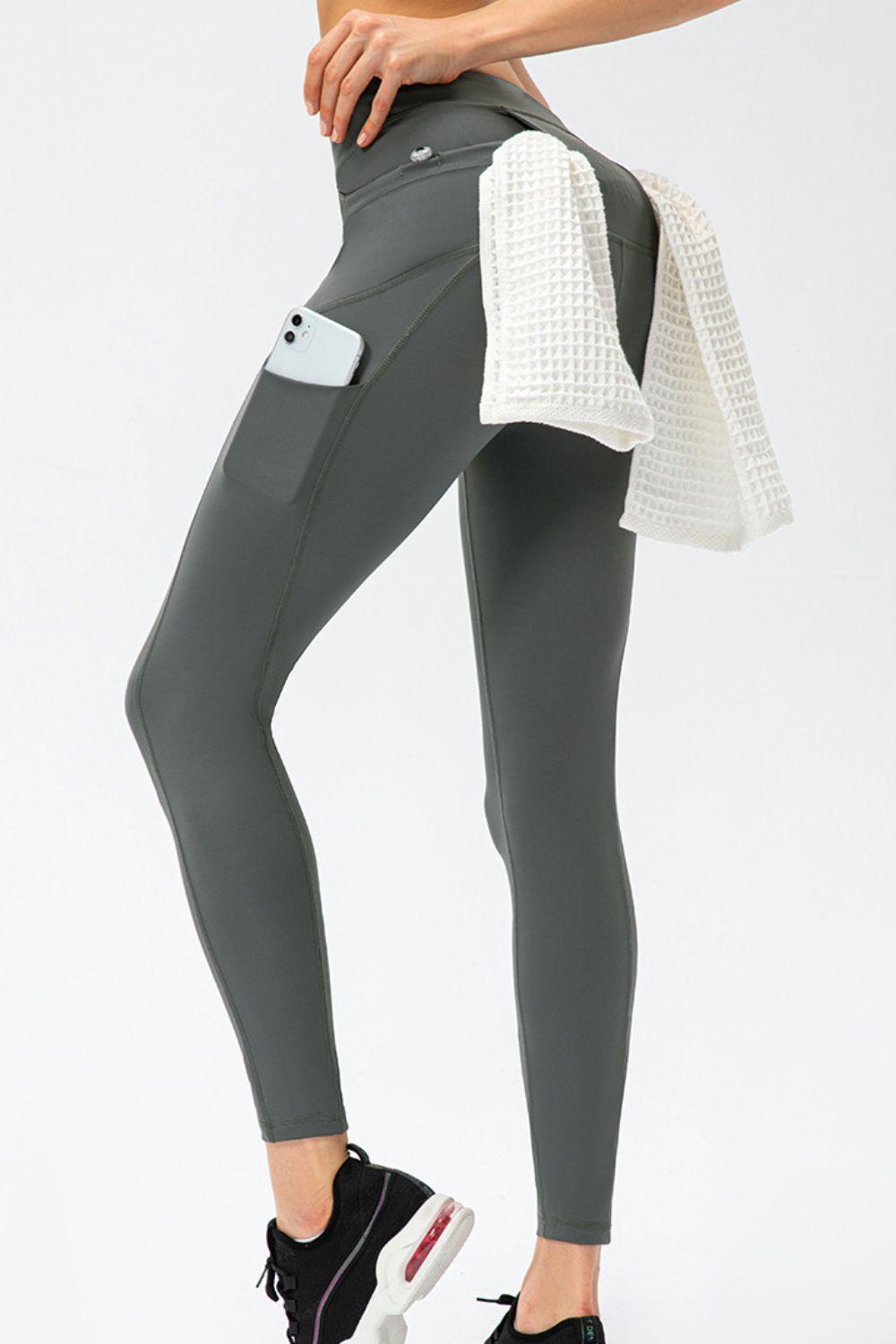 Full Size Slim Fit High Waist Long Sports Pants with Pockets Dark Gray
