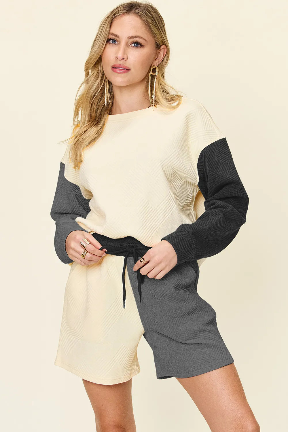 Double Take Full Size Contrast Drop Shoulder Top and Shorts Set Black